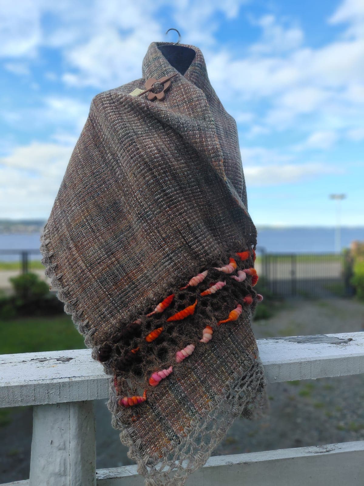 Earth Tone Shawl with Pom-Poms
